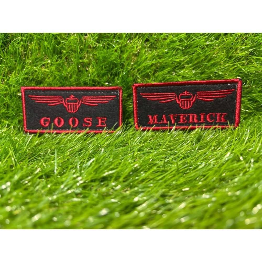 Top Gun Maverick and Goose Embroidered Name Patches Set Hook and Loop Red Black
